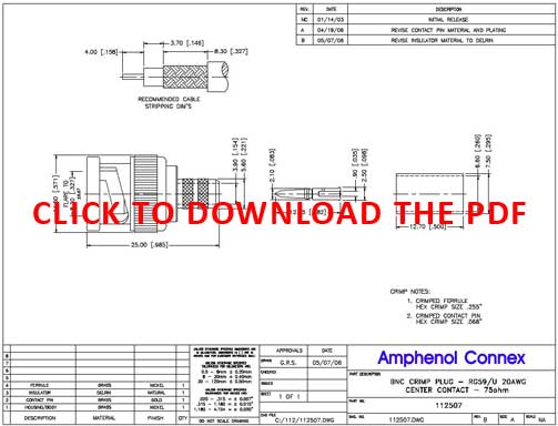 Pacific Radio Connex 112507 75 Ohm BNC Connector Product Data Sheet