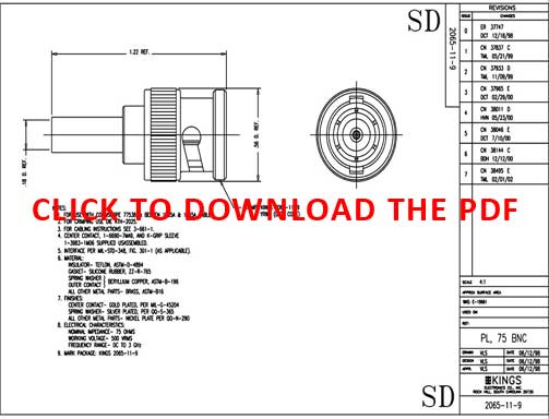 Pacific Radio Kings 2065-11-9 True 75 Ohm BNC Connector Product Data Sheet